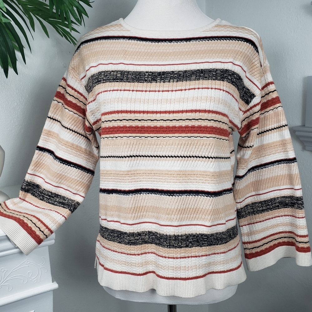 Liverpool Cable Knit Pullover Cream Rust Black Stripe Bell-Sleeve Oversize Small